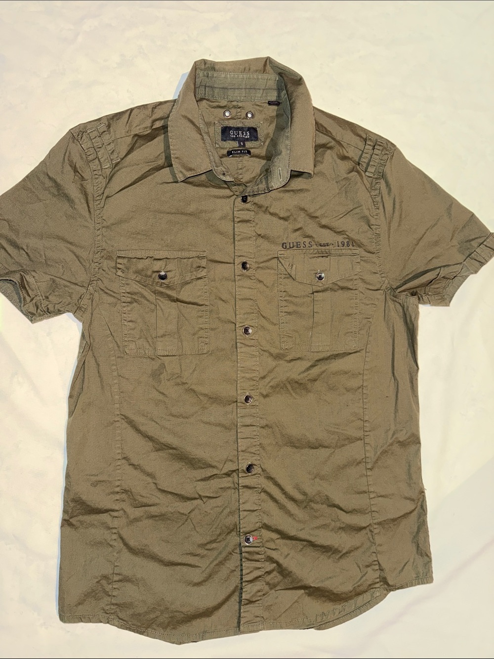 New Guess Hawaiian Green Military Camouflage Epaulettes Button Slim Shirt S